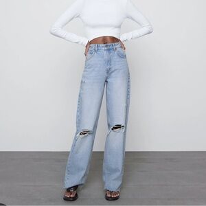 Zara Highrise Wide Leg Jeans Distressed Size 4 Cotton